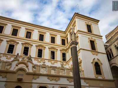 �L�edificio si innalza su quattro piani distinti da lunghe cornici marcapiano. Il prospetto � contraddistinto dai due avancorpi laterali, tipici del barocco. Si distinguono i timpani curvilinei e le volute, che movimentano la facciata la quale diventa pi� lineare e meno elaborata ai livelli superiori